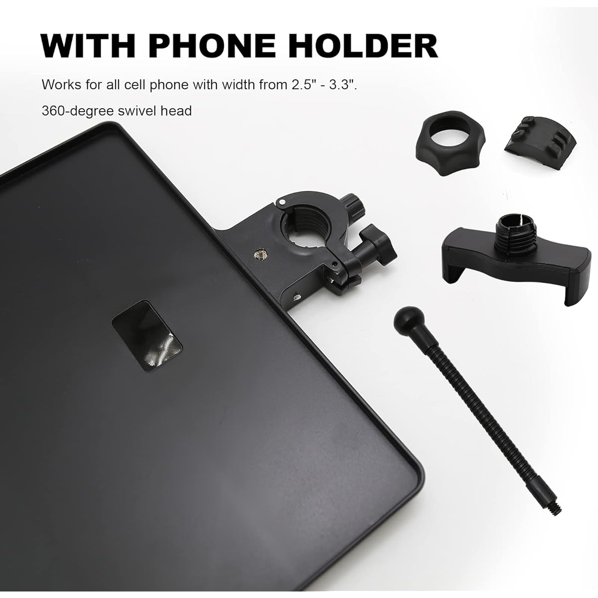 Universal Microphone Stand Tray with Mobile Phone Holder Adjustable Microphone Stand Tray Mic Stand Clamp-on Rack Tray Holder Microphone Stand for Stage Live Streaming Concert Production Karaoke