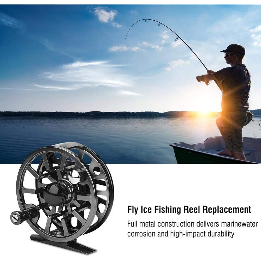 Bait Casting Reel, Fly Fishing Reel 2+1BB Fly Reel Lightweight Full Metal Left Handed Fly Ice Fishing Reel with Replacement Tackle Pouch (95mm Black)