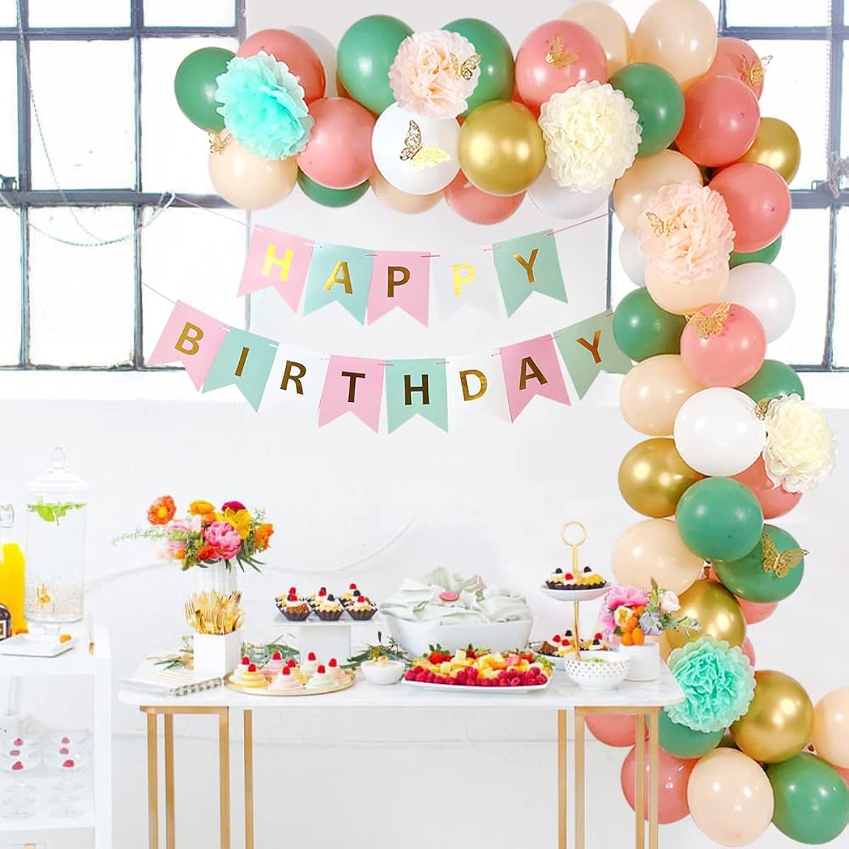 96pcs Butterfly Sage Green Pink Gold Balloon Garland Arch Kit Baby Shower Peach Gold Balloons Birthday Decorations for Women Girls Happy Birthday Banner with Butterfly Stickers and Paper Pom Poms