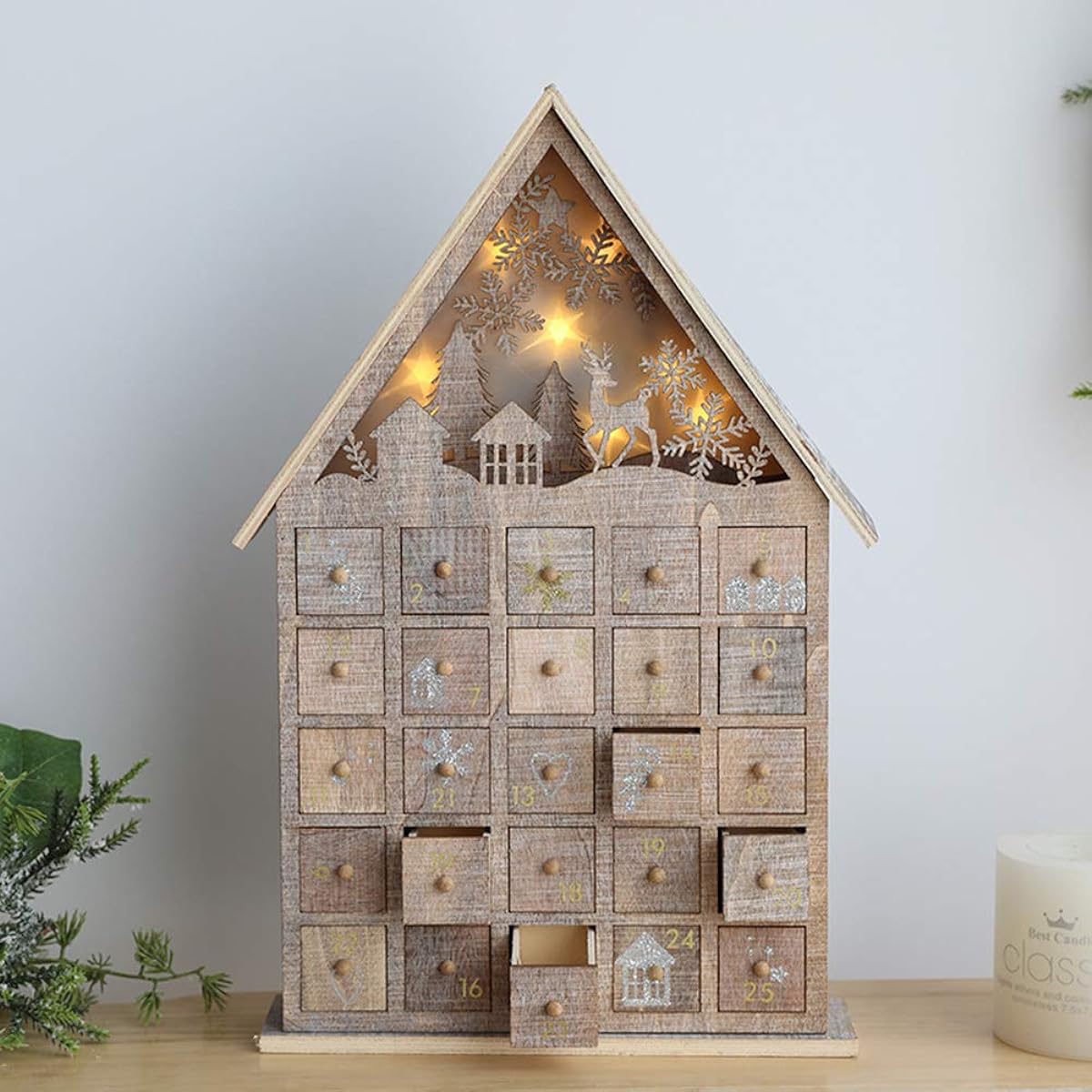 Wooden Christmas Advent Calendar with LED Lights, Glowing Snow House, 25 Drawers