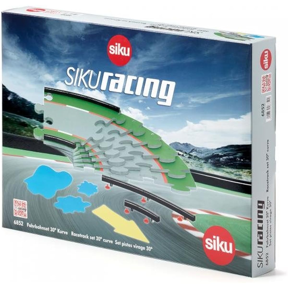 SIKU 6852, 30 degree turn track set, 6 tiles with safety barriers and fixing elements, multi-coloured, interlocking, plastic