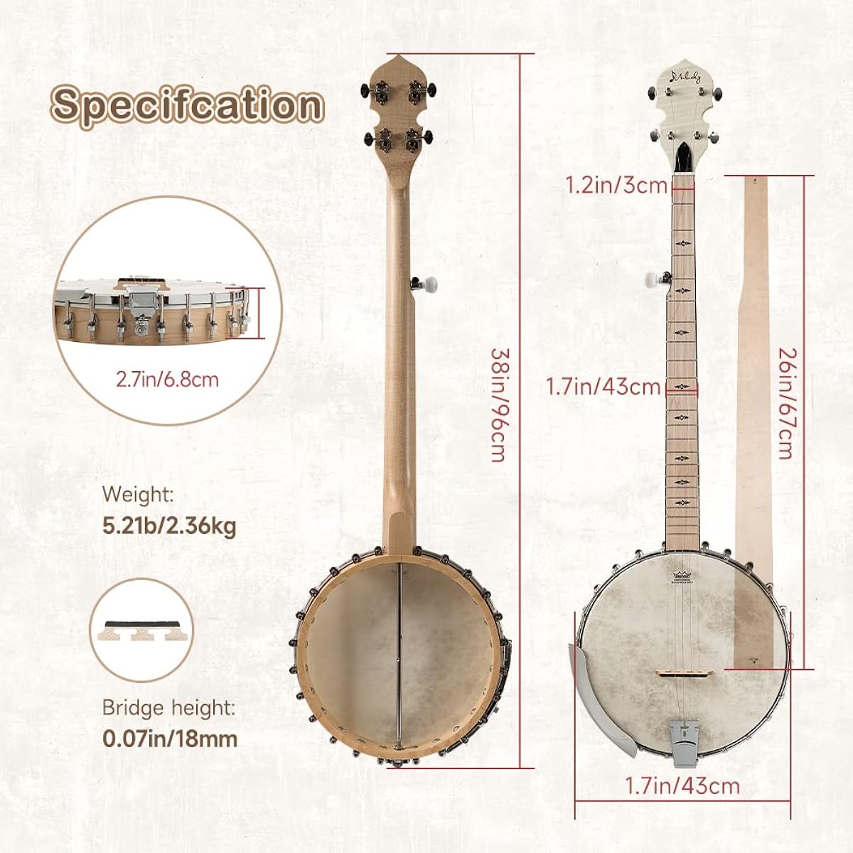 Mulucky 5 String Banjo, Full Size, with 24 Brackets, Open Back, Maple Banjo with Remo Head, 5th Tuner with Gears, Gift Package with Beginner Kit - MB1101