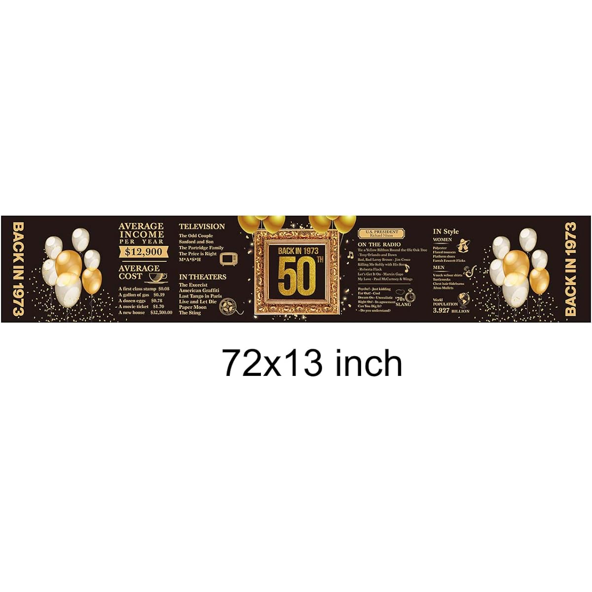 50th Birthday Table Runner Back in 1973 Table Runner 50 Years Old Kitchen Dining Table Runner 72 Inch Long Black and Gold Birthday Anniversary Wedding Party Table Decoration