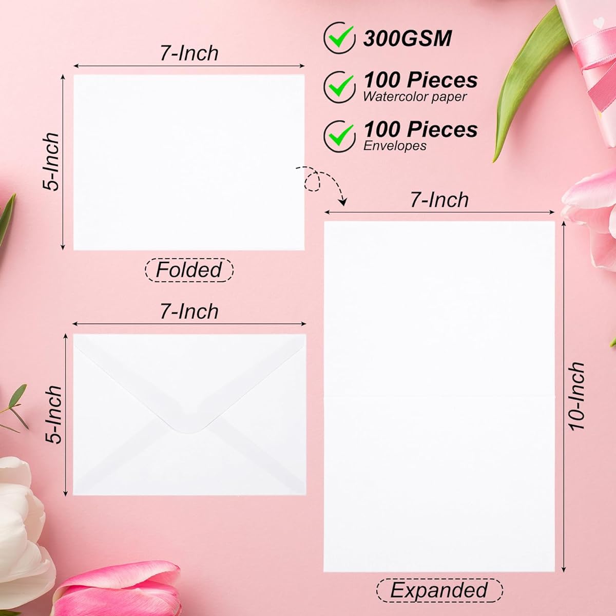 PATIKIL 100 Sets Pure Cotton Watercolor Cards 140lbs/300GSM Postcards with Envelopes Art Painting Creative Thank You Cards 5x7 Inches Folded Size