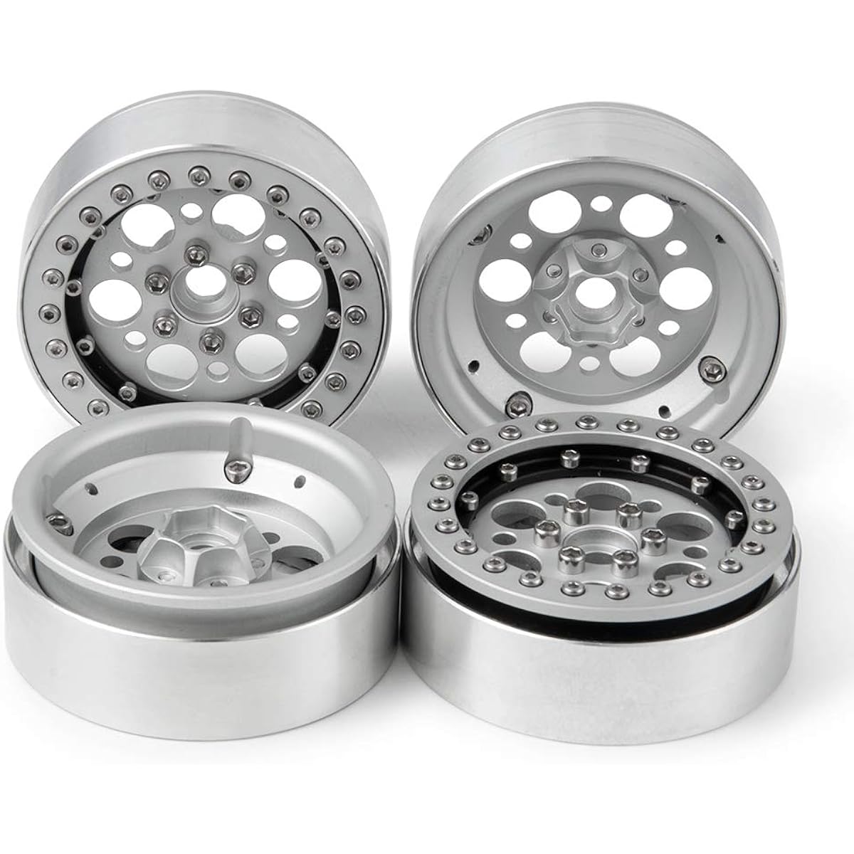 Que-T 1.9" RC Rock Crawler Metal Bead Rock Wheel Rims for TRX4 SCX10 90046 D90 4 Pack Silver Que-T