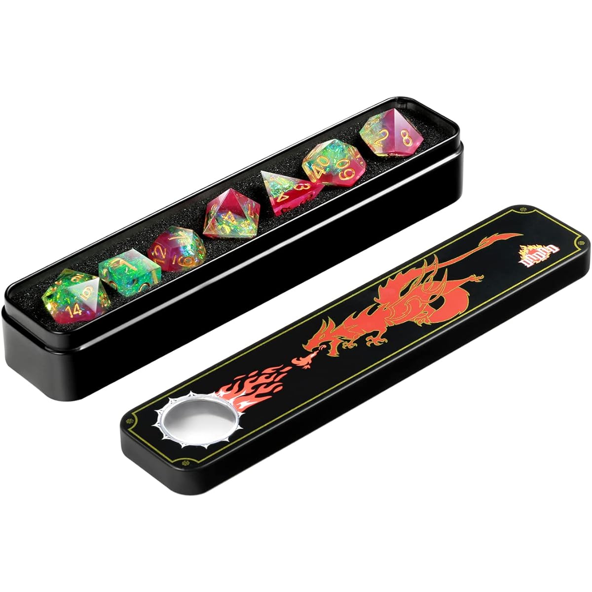DND Rose Dice Set DND Handmade Sharp Edge Dungeons & Dragons Dice Set with Luxury Gift Case for DND (Rose and Translucent Gold Numbers)