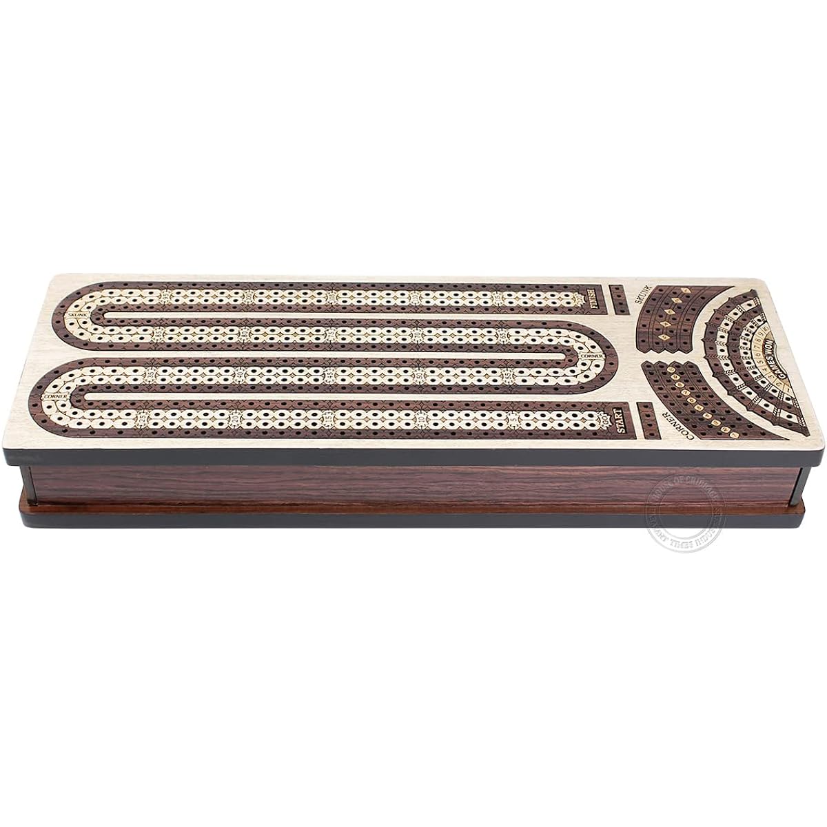 House of Cribbage - Continuous Cribbage Board / Box Inlay Maple/Rosewood/Maple: 4 Tracks - Side Drawer with Score Marking Fields Skunk Corner Winning Game