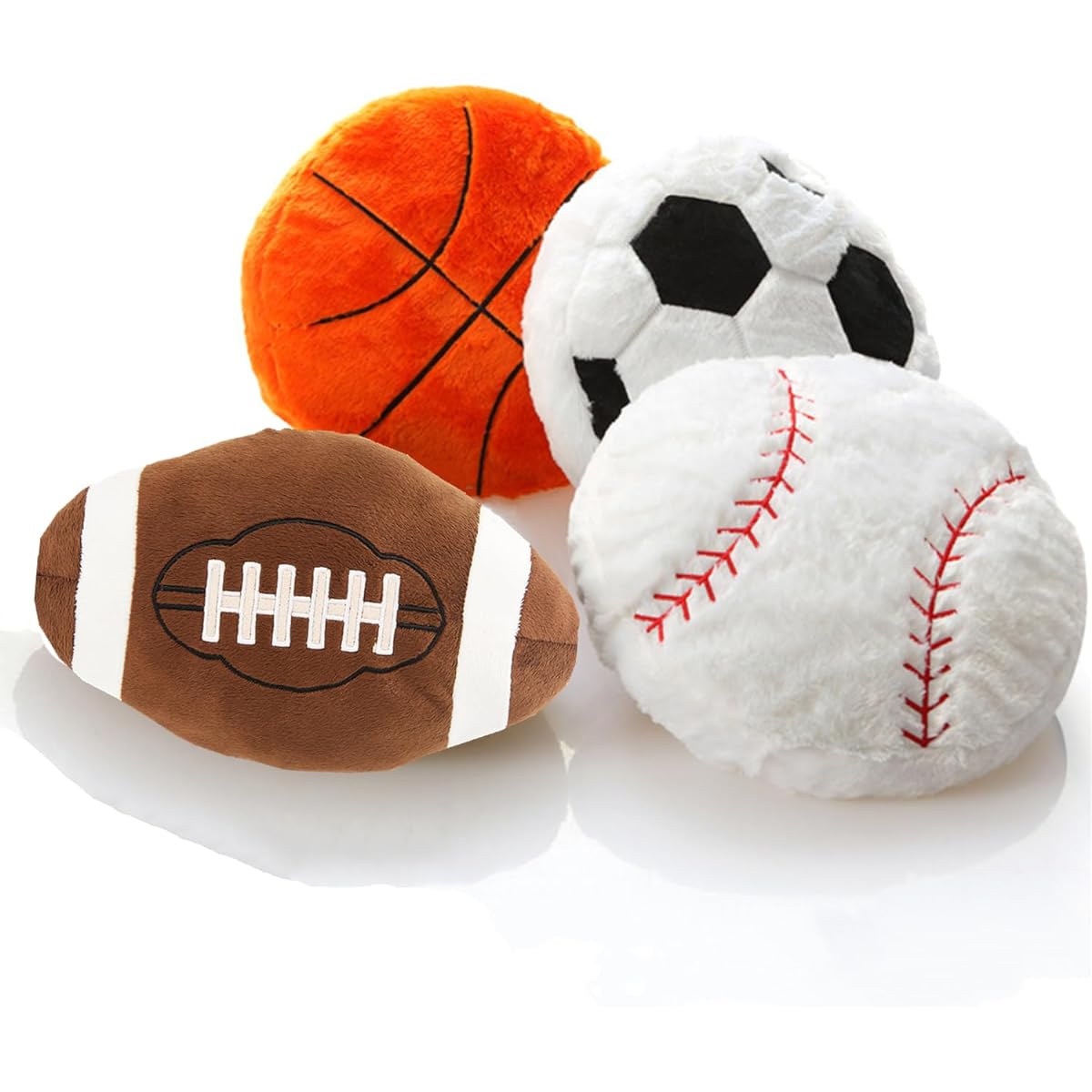 4pcs Sports Throw Pillows Fluffy Soccer Ball Plush Pillow Baseball Throw Pillow Soft Basketball Plush Pillow Football Shaped Stuffed Animal Sports Theme Cushion for Kids Room Decor