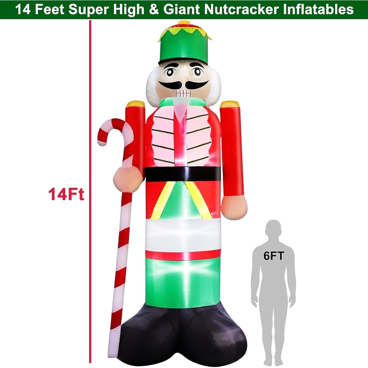 TURNMEON 14ft Giant Christmas Inflatable Outdoor Decorations, Nutcracker with Candy Cane, Inflatable Christmas Decorations with Built-in LED Lights, 5 Tethers and 9 Stakes, Christmas Decorations for Yard Lawn Garden