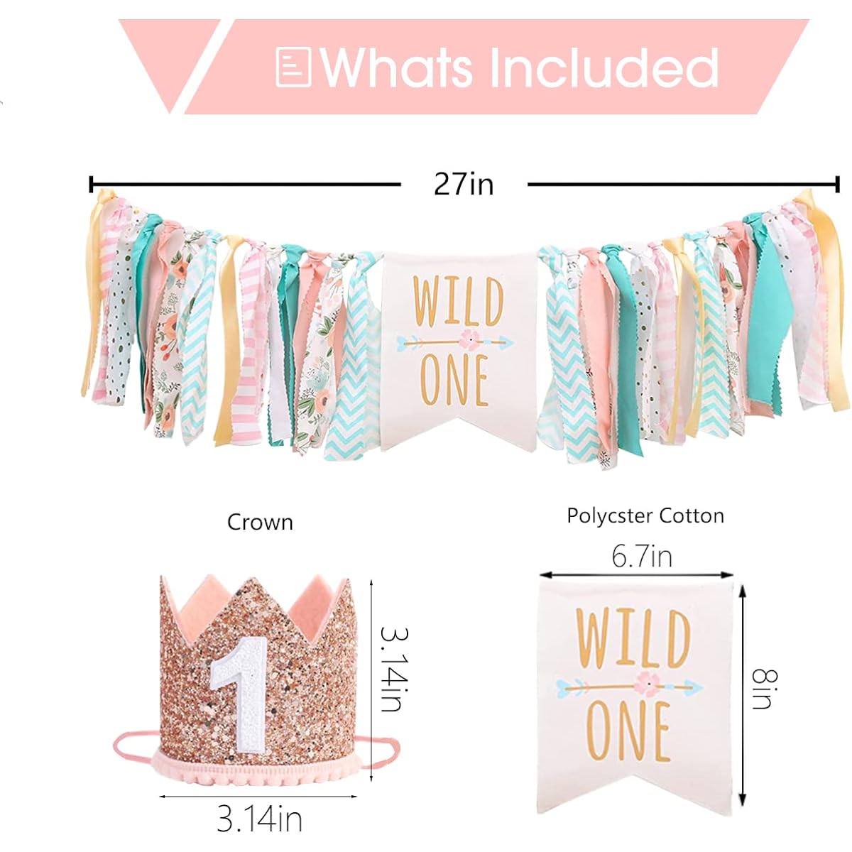 GREPARPY Wild One Birthday Decorations for Girls Jungle Theme First Birthday Party Supplies Balloon Garland Photo Banner Highchair Banner Crown Topper Milestone Signs Safari 1st Birthday Decorations