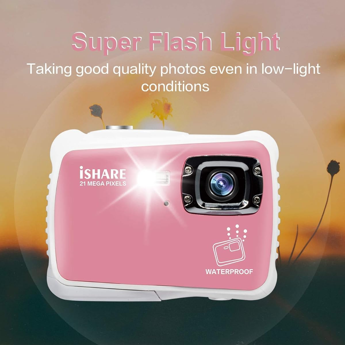 Kids Camera Waterproof Digital Camera 21MP HD 1080P Underwater Kids Camera 2" LCD 8X Digital Zoom Flash and Microphone Kids Boys Girls Gift (Cloud Pink Float Strap & 32G Card)