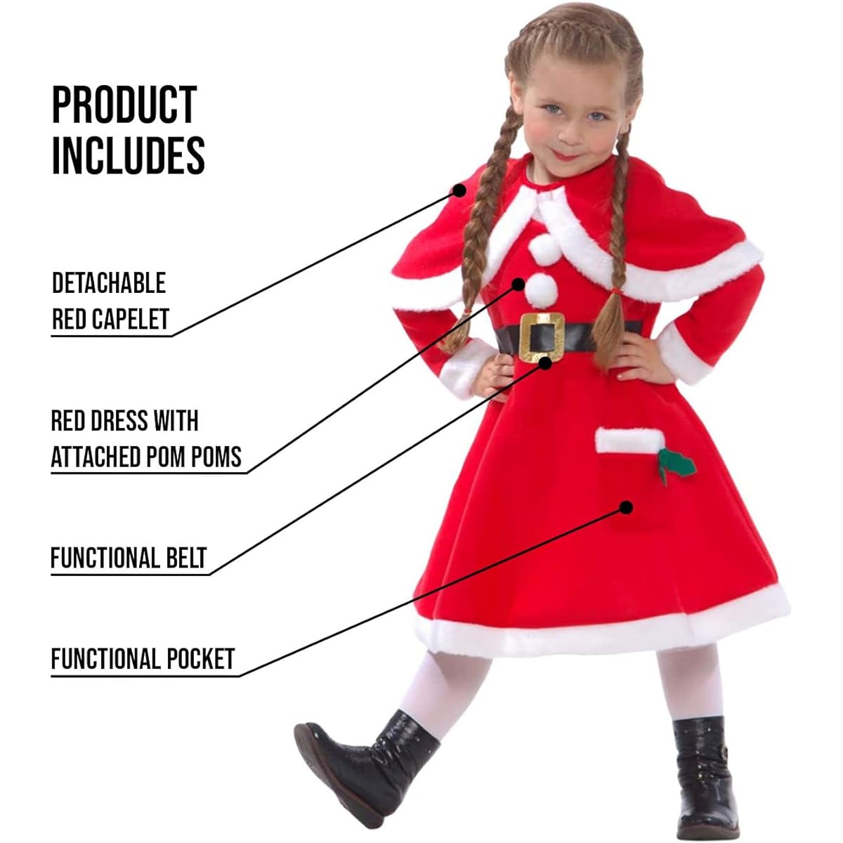 (Small) - Girls Miss Claus Little Helper Kids Christmas Fancy Dress Costume - High Quality
