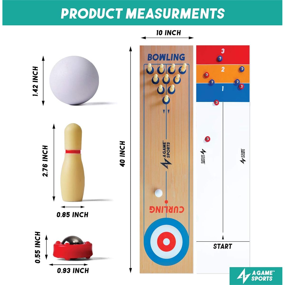 A Game Sports 3-in-1 Tabletop Shuffleboard Curling Game and Bowling Set (10" x 40") | Portable Family Game for Indoor/Outdoor Fun
