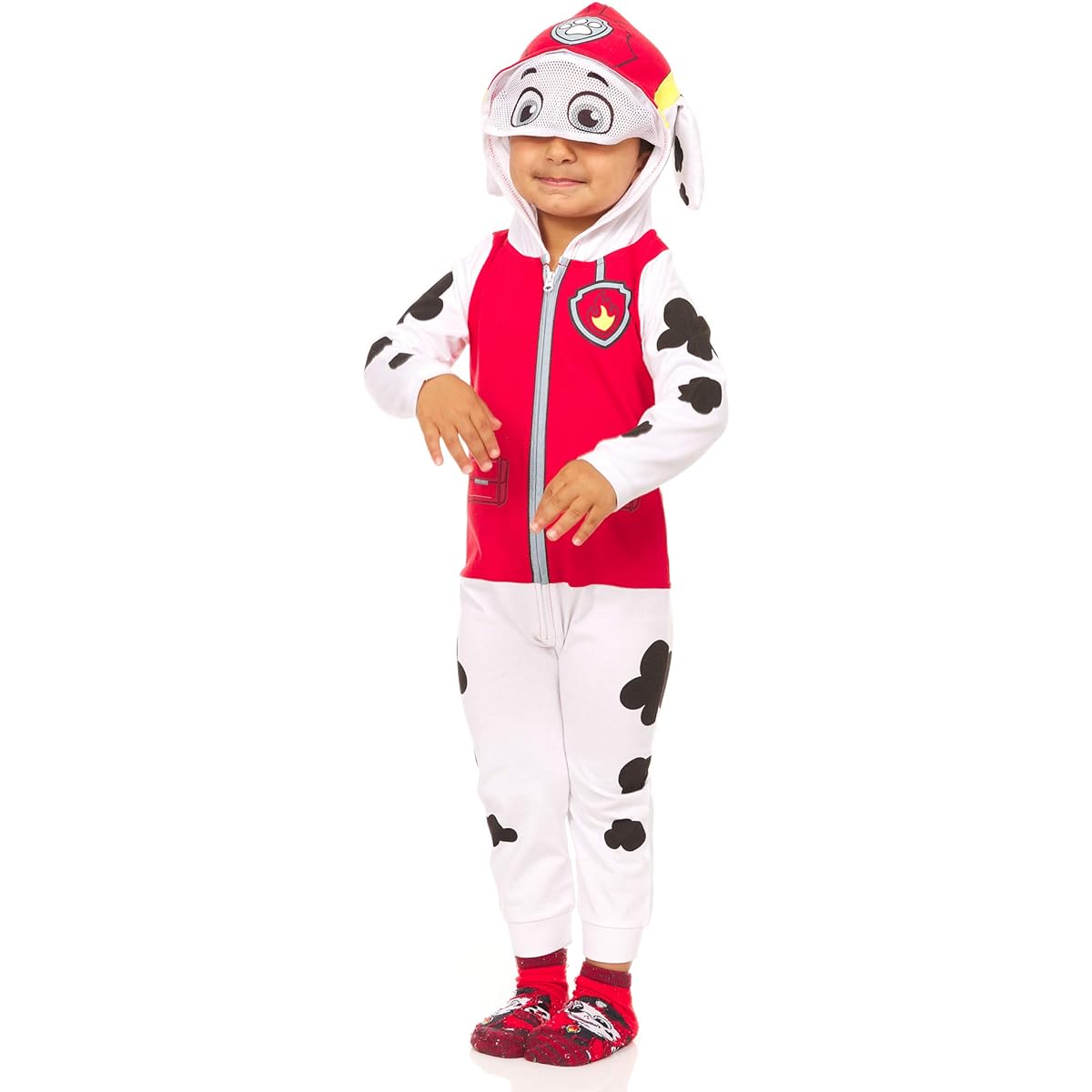 Paw Patrol Boys Marshall Costume Marshall Costume Hooded Zip-Up Jumpsuit with Mesh Visor, Red/White/Black, 2T