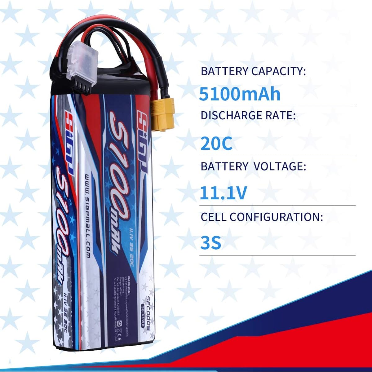 SIGP 3S 11.1V Lipo Battery 5100mAh 20C with XT60 Plug for RC Airplane Quadcopter Helicopter Drone FPV Racing Hobby