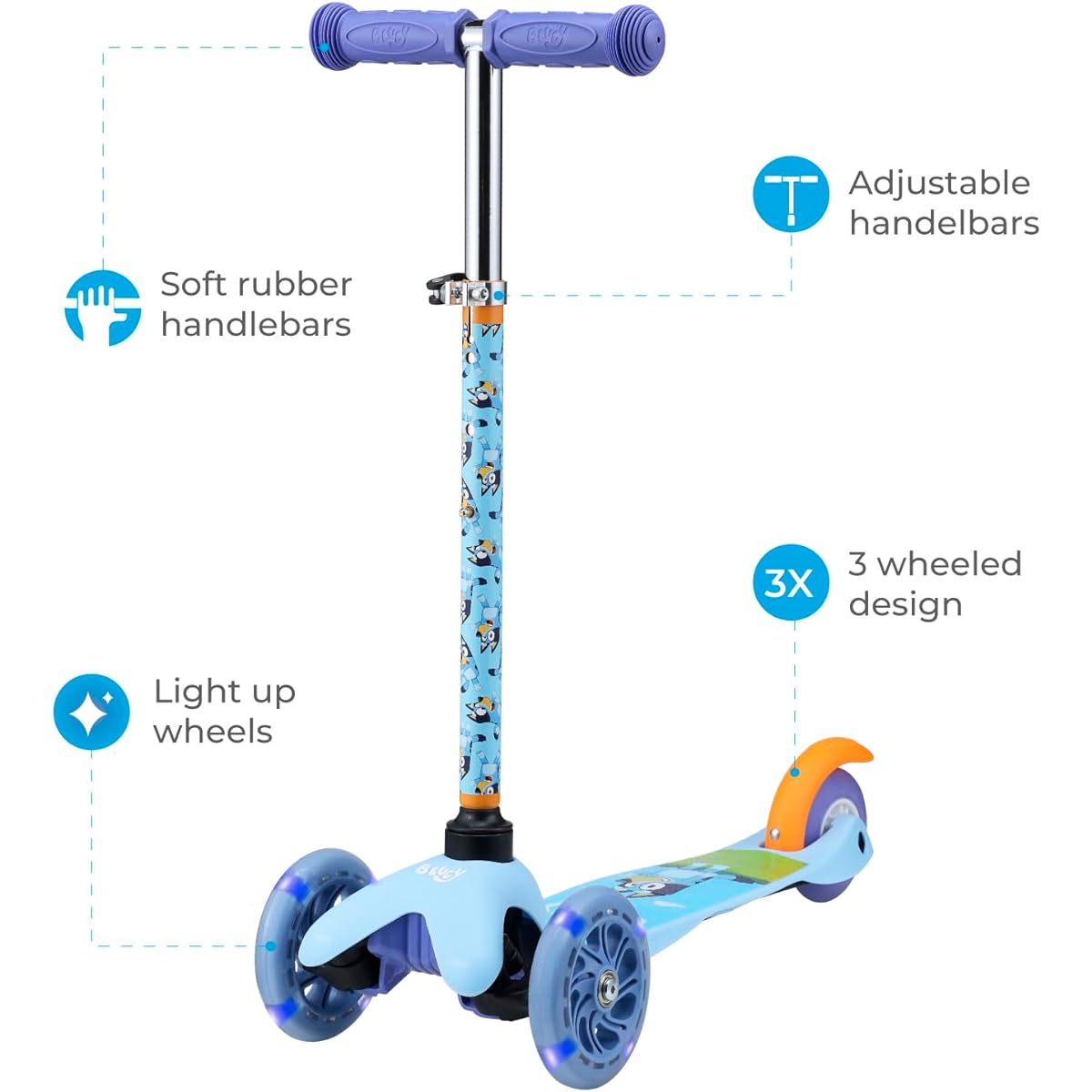 Sakar Self-Balancing Kick Scooter with Light Up Wheels, Extra Wide Deck, 3 Wheel Platform, Foot Active Brake, 75 lb Limit, Kids & Toddlers, Girls, Boys, Ages 3+ (AST483084-BLU-STK-1)