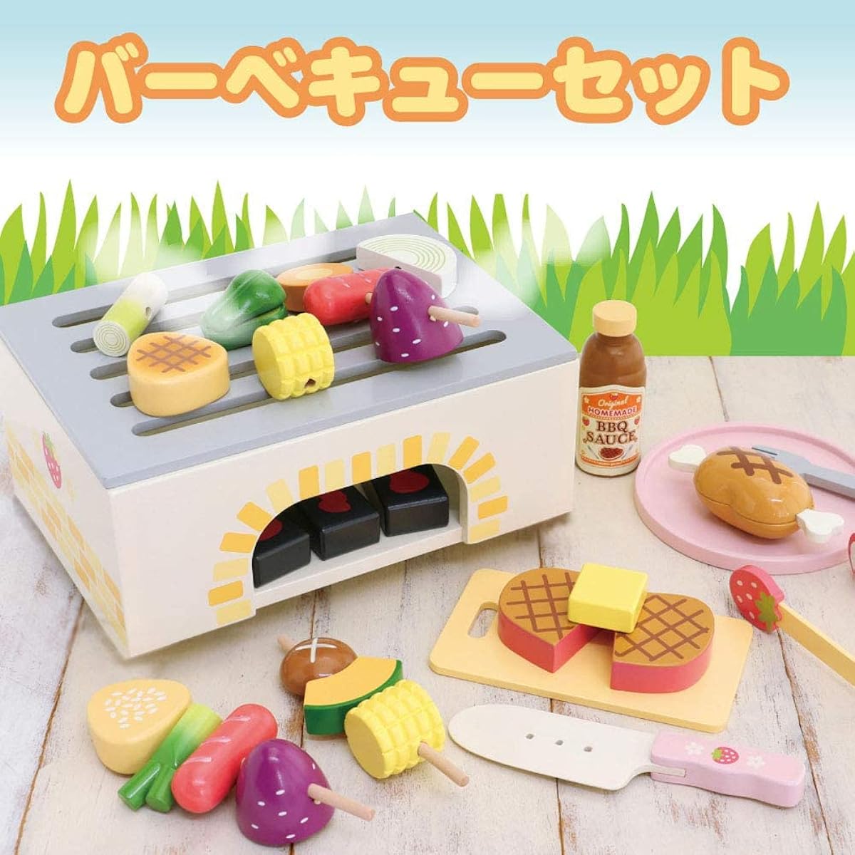 Mother Garden Wooden Toy Barbecue Food 15-piece Cooking Set Educational Toy Made of Wood 623-58388
