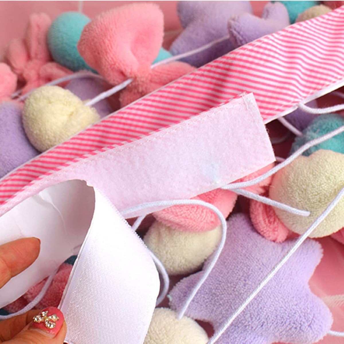 Kawaii Entryway Curtains for Girls Bedroom Wall Hanging Decor Cute Fluffy Star Bow Pentacle Garland Door String Nursery Curtains for Baby Room (Adhesive Hook & Loop, Pink Star)