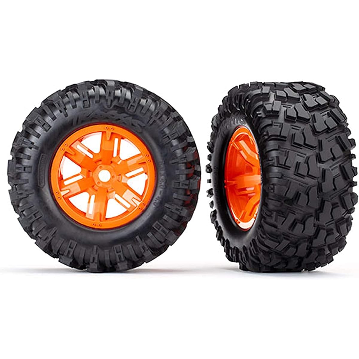 Traxxas TRA7772T Tire & Wheel, assembled and glued (X-Maxx orange wheels, Maxx in tires, foam inserts).