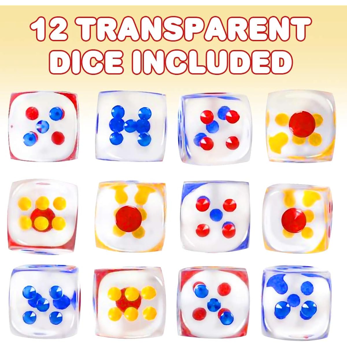 ArtCreativity 6 Sided Clear Dice Set of 12 Extra Large 1" Clear Dice Colored Dots Fun 6 Sided Game Dice for Farkle 10,0000 Cho-Han and Other Dice Games