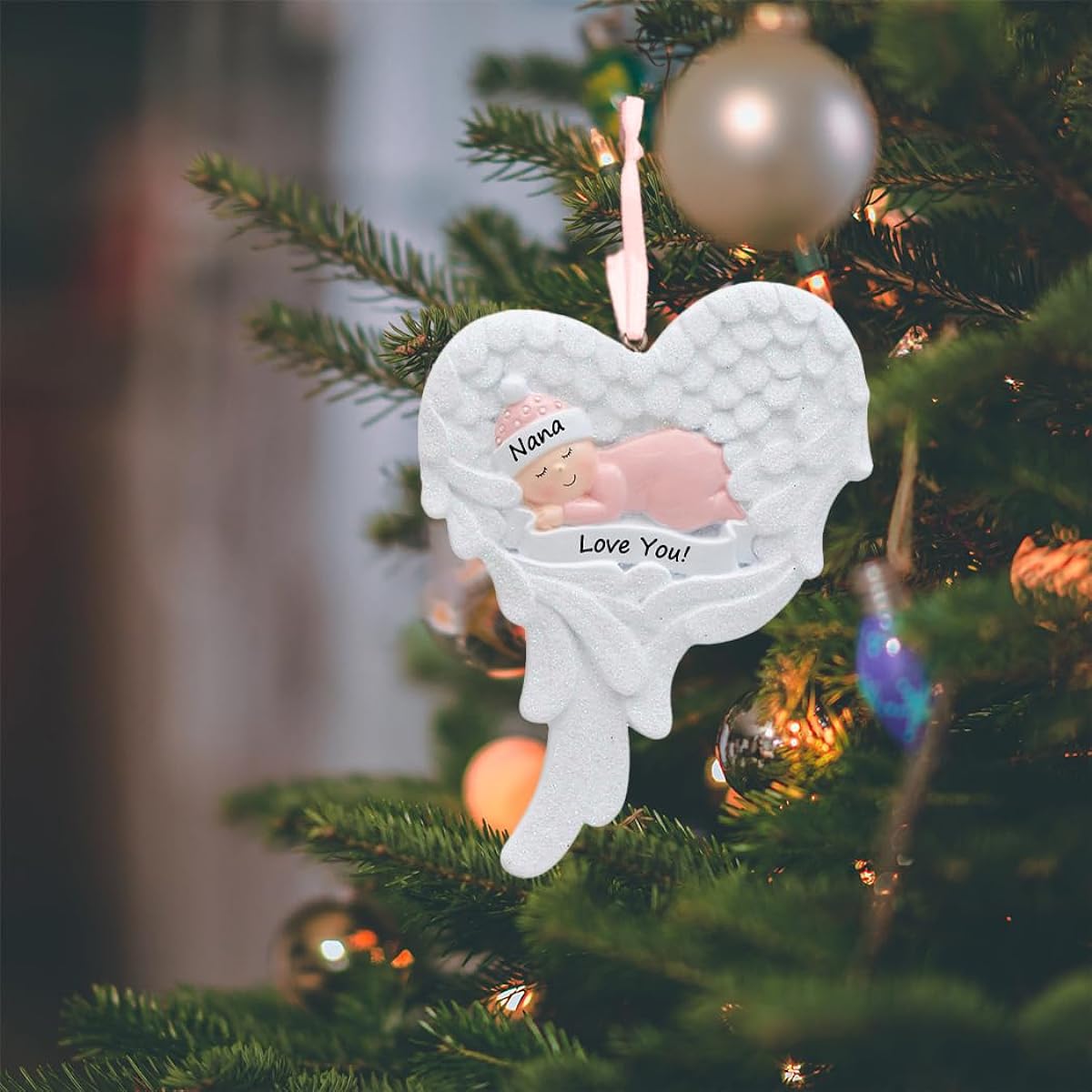 MAXORA Baby Girl Pink Angel Ornament Memorial Infant Loss Memorial Ornament Personalized Tree Decoration