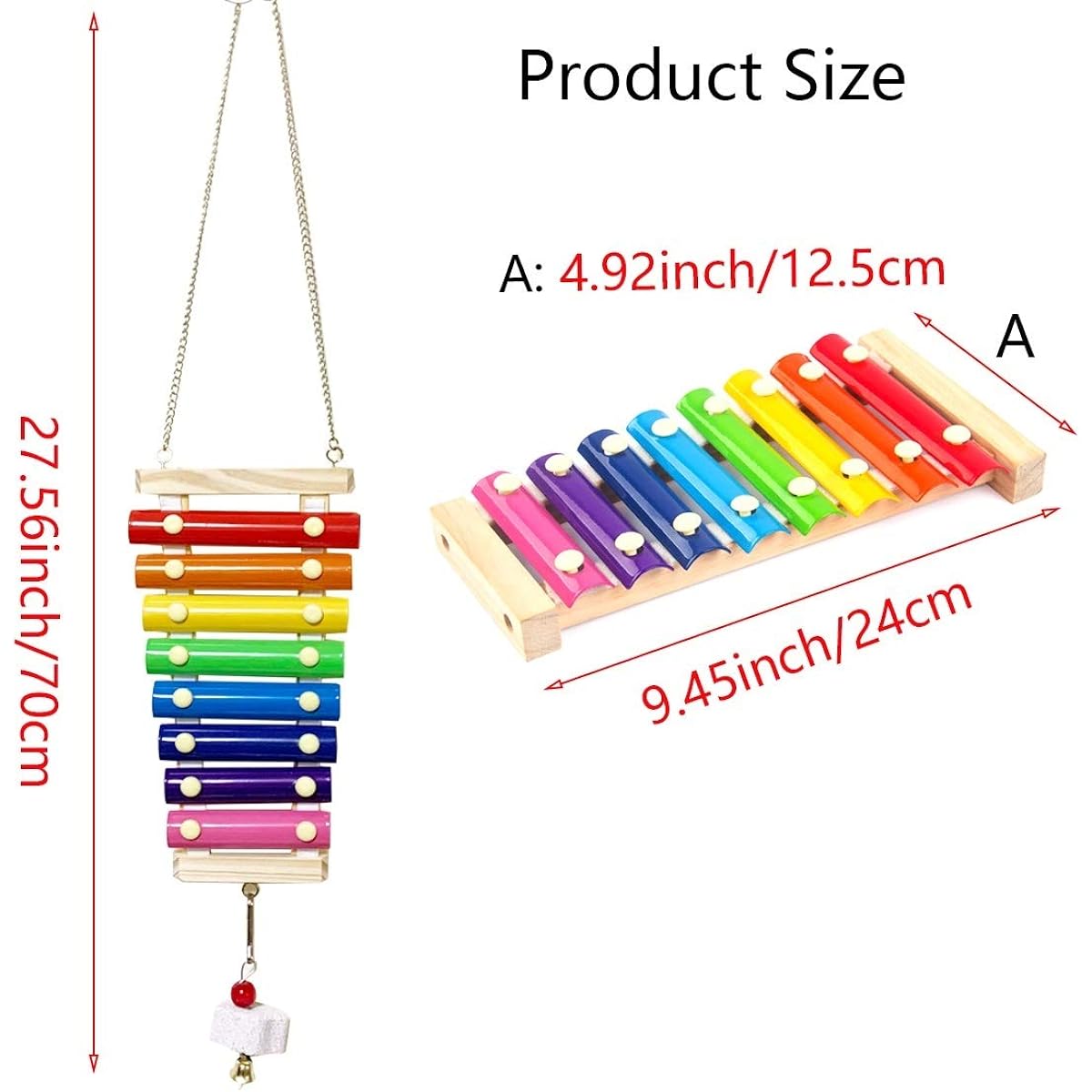 Vehomy Chicken Xylophone Toy, Hanging Wooden Xylophone Toy for Chickens with 8 Metal Keys, Chicken Coop Pecking Toy with Grindstone (Rainbow Color)