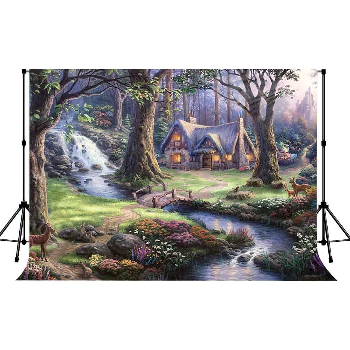 STS Fairy Tale Wonderland Animal Concert Cabin Lion River Piggy Bank Forest Bonfire Party Cartoon Birthday Baby Shower Photo Background