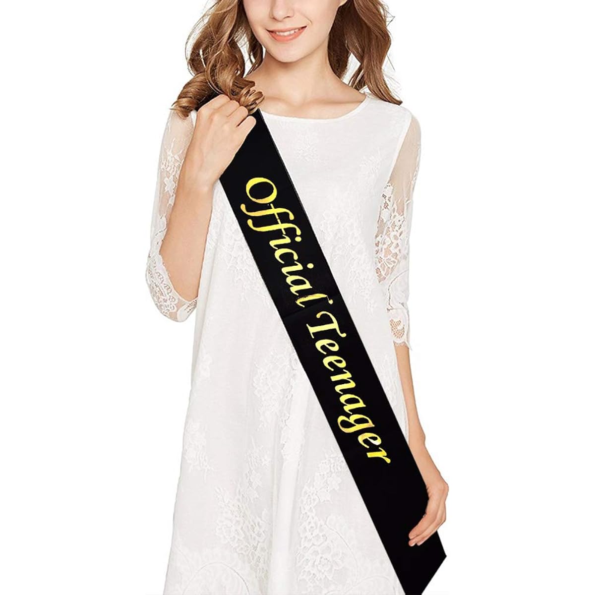 13th Birthday Gold Tiara and Sash, Glitter Satin "Official Teenager" Sash and Crystal Rhinestone Birthday Crown, Happy 13th Birthday Party Supplies, Favors, 13th Birthday Cake Topper