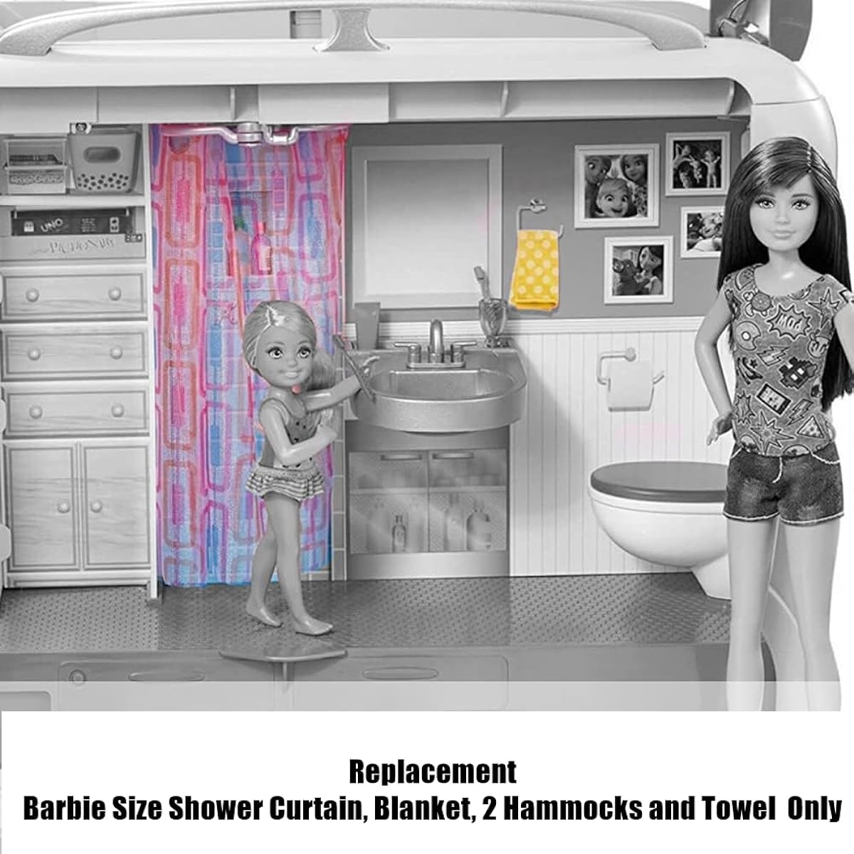 Replacement Barbie Size Shower Curtain, Blanket, 2 Hammocks, 2 Towels for Barbie Camper Playset - FBR34