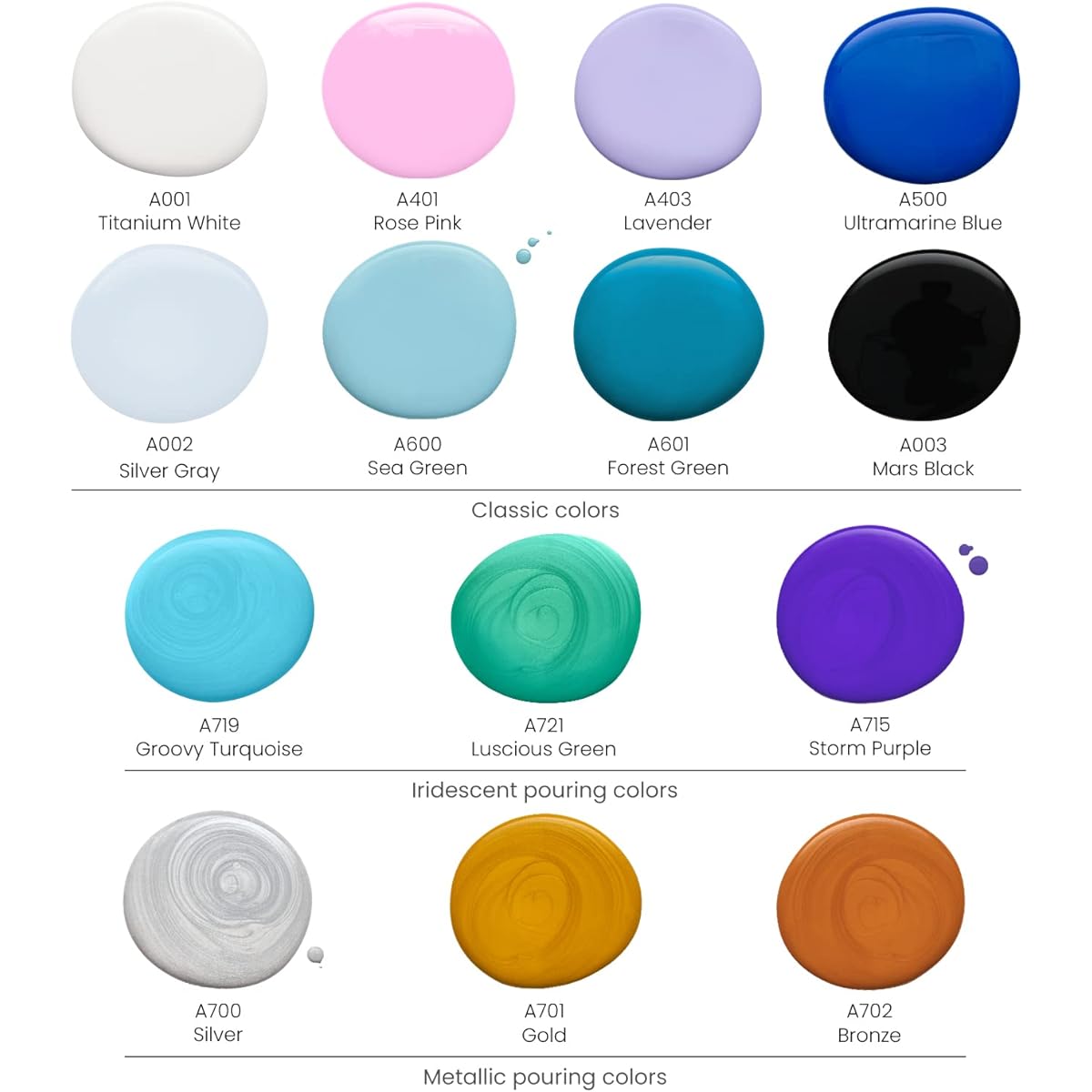 ARTEZA Acrylic Pouring Paint Kit, 14 Glossy Colors - 8 Pastels & Brights, 3 Iridescent, 3 Metallics, 2 Stretched Canvas, 2 Wood Slices, Glitter Paint Pouring Accessories for Arts & Crafts