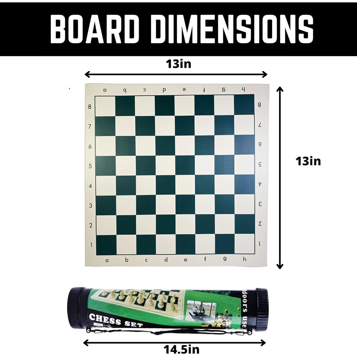 GETORIUM Tournament Chess Set: Portable Professional Set with Plastic Staunton Chess Pieces in Portable Plastic Tube Roll for Travel, Foldable Vinyl Chess Board (Green, 13X13 Inch)