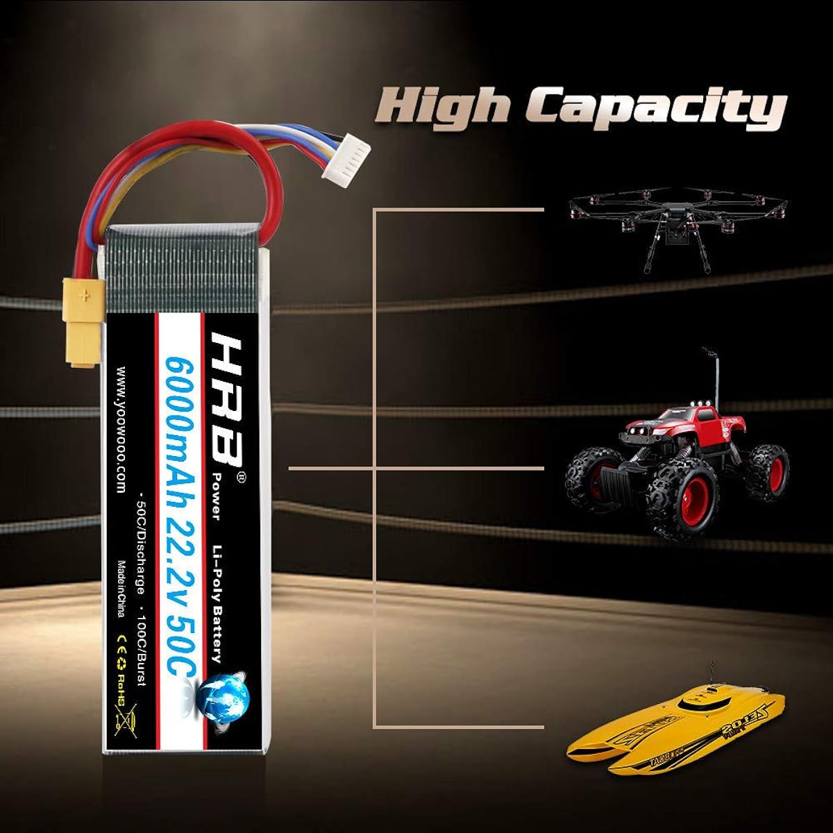 HRB 22.2V 6000MAH 50C XT60 6S Plug Fixed Wing 4-Axis Drone Battery (XT60, Deans T)