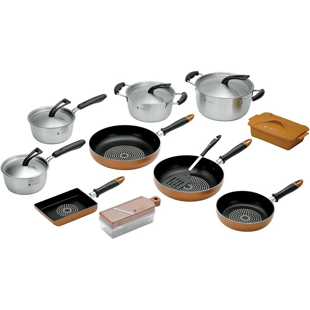 Yokoyama Kei Kurusu IH Compatible Kitchen Tools Set of 5 (Frying Pan 20cm, Tamagoyaki 13 x 18cm, Frying Pan 26cm, One Hand Pot 16cm, Two Hand Pot 20cm) KKCH-1500S Brown