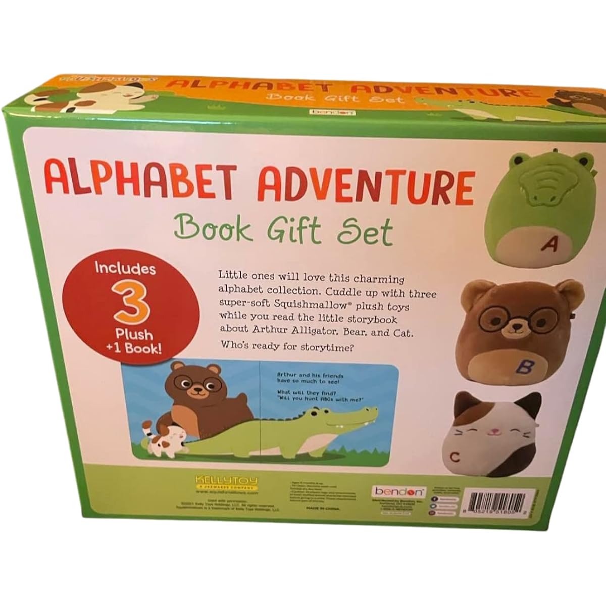 Official KellyToy Squishmallow 5-inch Plush and Book Set - 3 Squishmallows and 1 Book (Alphabet Adventure - Alligator, Bear, Cat)