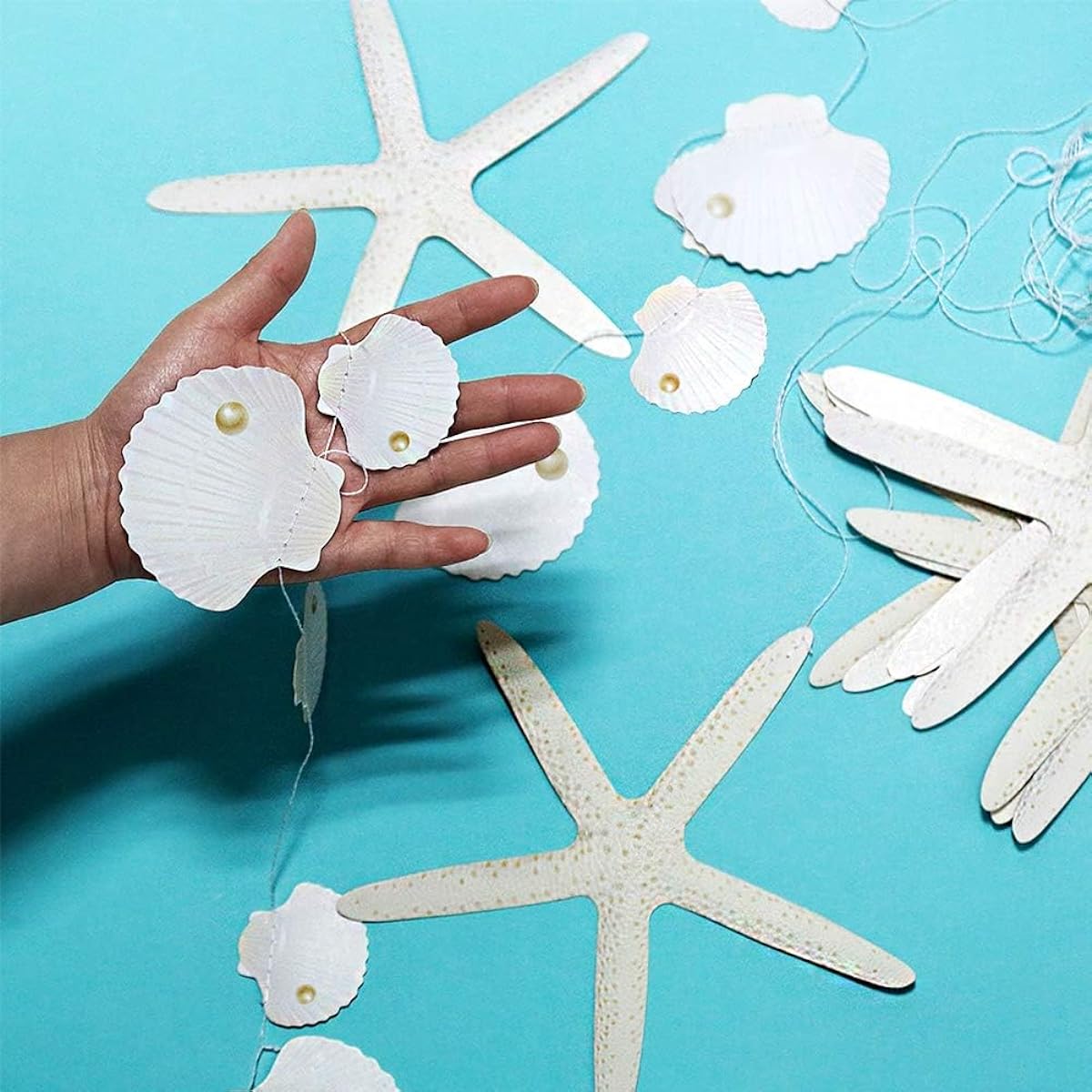 Cheerland Flat Paper White Finger Starfish Seashell Garland Kit Coastal Nautical Party Decorations Starfish Cutouts Hanging Streamers Banner Ocean Mermaid Birthday Beach Wedding Abby Shower