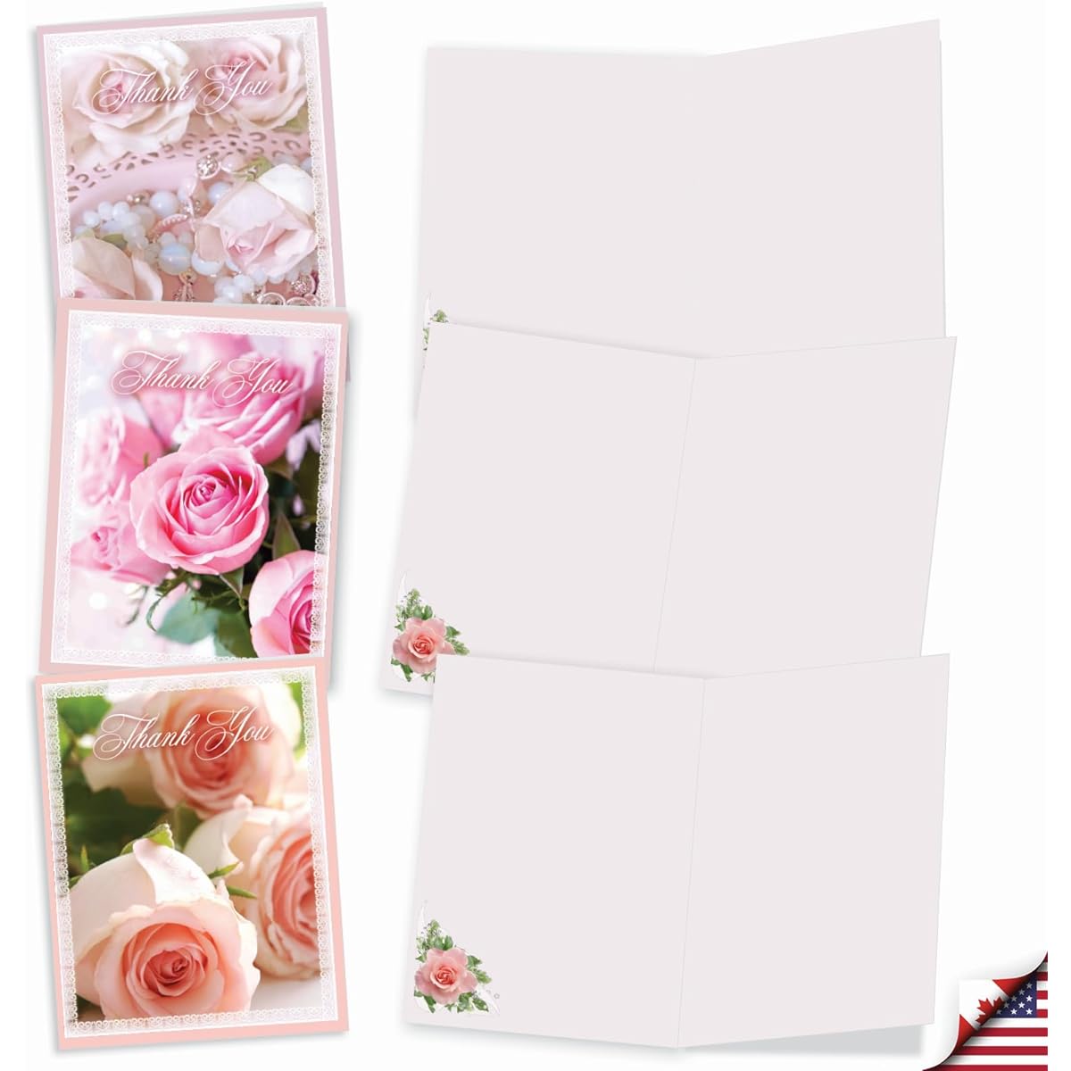 The Best Card Company 20 Assorted Blank Thank You Notes Box Set 4 x 5.12 Inch with Envelopes (10 Different Designs, 2 of Each) Pink Roses AM10311TYB-B2x10