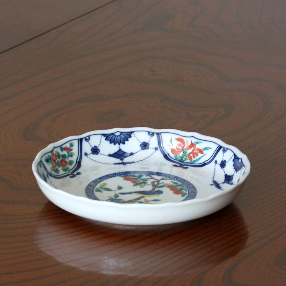 Kutani ware, Seikou kiln, No. 6 plates set (set of 5), dyed embossed flower and bird SK-041, porcelain, made in Japan, diameter 19cm