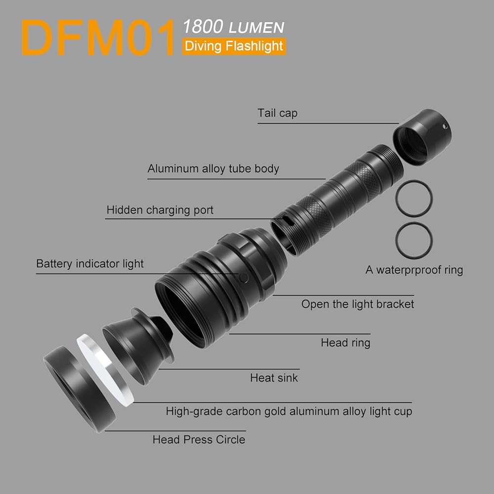 SecurityIng DFM01 Diving Light, Rechargeable, Bright, 1800 Lumens, Irradiation Range, 200M, 5 Dimming Modes, LED Diving Light, IPX-8 Waterproof, Used Up to 100M Underwater, Underwater Light, Diving, Magnetic Control, Underwater Flashlight with Battery