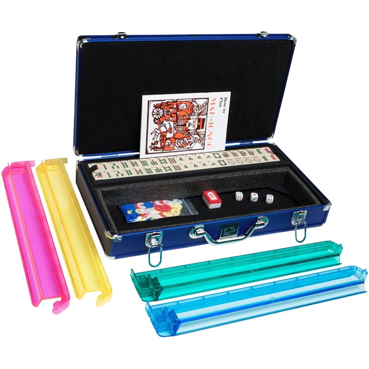 White Swan American Mah Jongg Set 166 Ivory Color Carved Tiles All-in-One Rack/Pusher 4 x Aluminum Case Blue