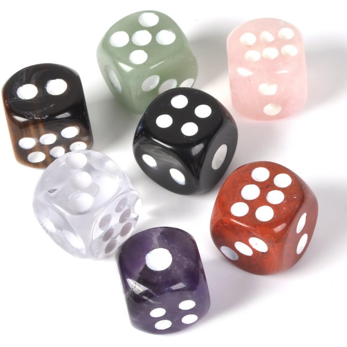 Dice 7 Chakras Colours Natural Gemstone Crystal 15mm Amethyst + Tiger Eye + Obsidian + Clear Quartz + Rose Quartz + Red Jasper + Aventurine (Pack of 7)
