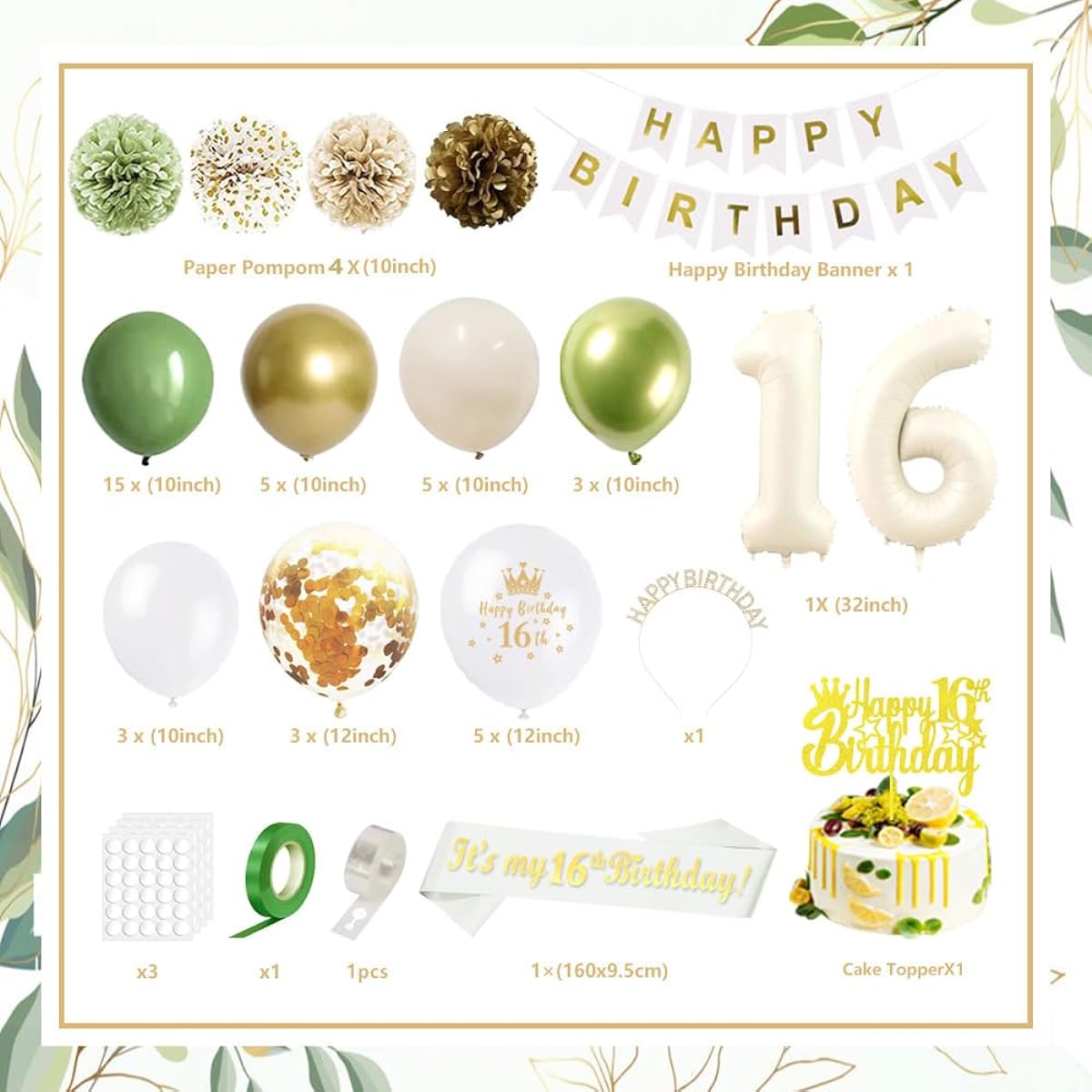 GYESXYW 16th Sage Green Party Decorations