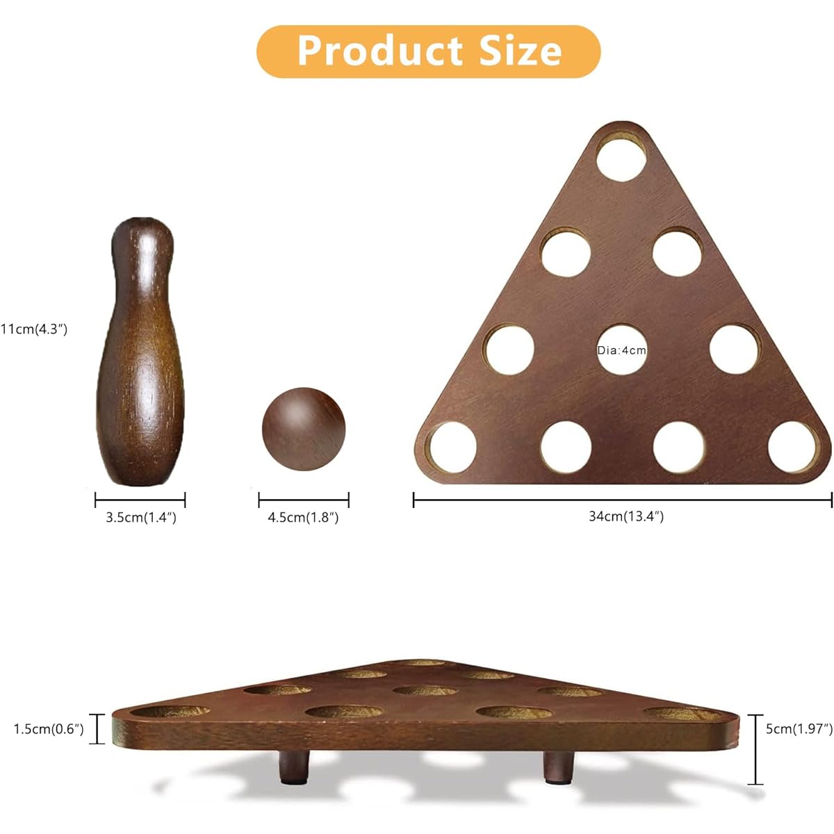Shuffleboard Bowling Pin Set, Bowling Game for Shuffleboard, Includes 10 Bowling Pins for Shuffleboard, Sand, Hardwood, Brown, Log Color, Bowling Set, Pinsetter, Triangle, Sturdy Carry Bag Included