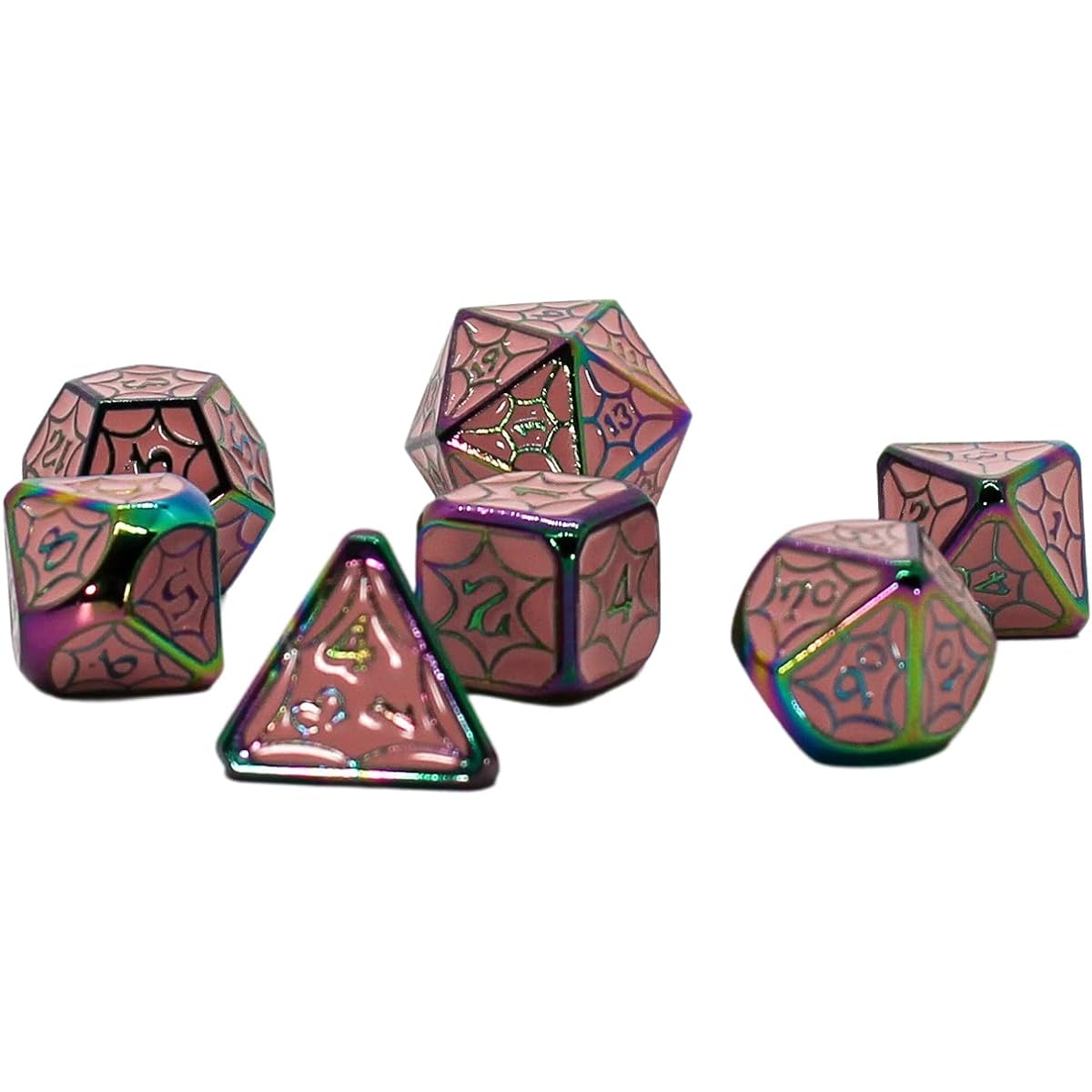 Seven Seas Pirates Metal Pink Enamel Rainbow Spider Web Dice Set with Hexagonal Wooden Display Box and Magnetic Lid