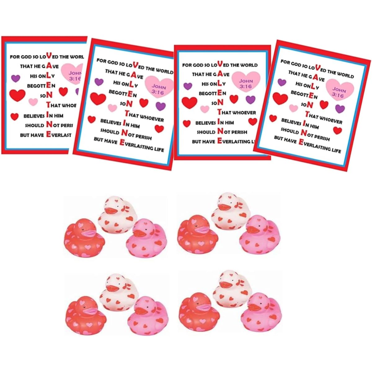 John 3:16 Bible Verse Valentines from God Red Heart Valentine Exchange Cards for Kids with Mini Heart Ducks Christian Religion Classroom Mini Valentine Rubber Ducks Set of 24