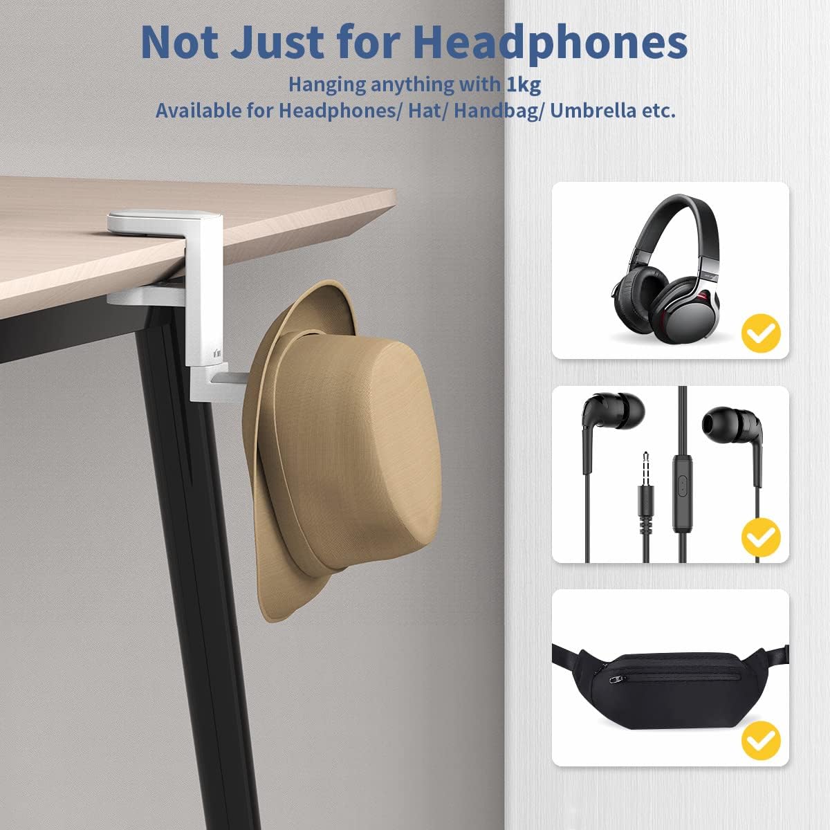 KIWIFOTOS Under Desk Headphone Stand Holder PC Gaming Headset Hook Hanger Mount with 360 Adjustable Swivel Arm Clamp & Built-in Cable Clip - White