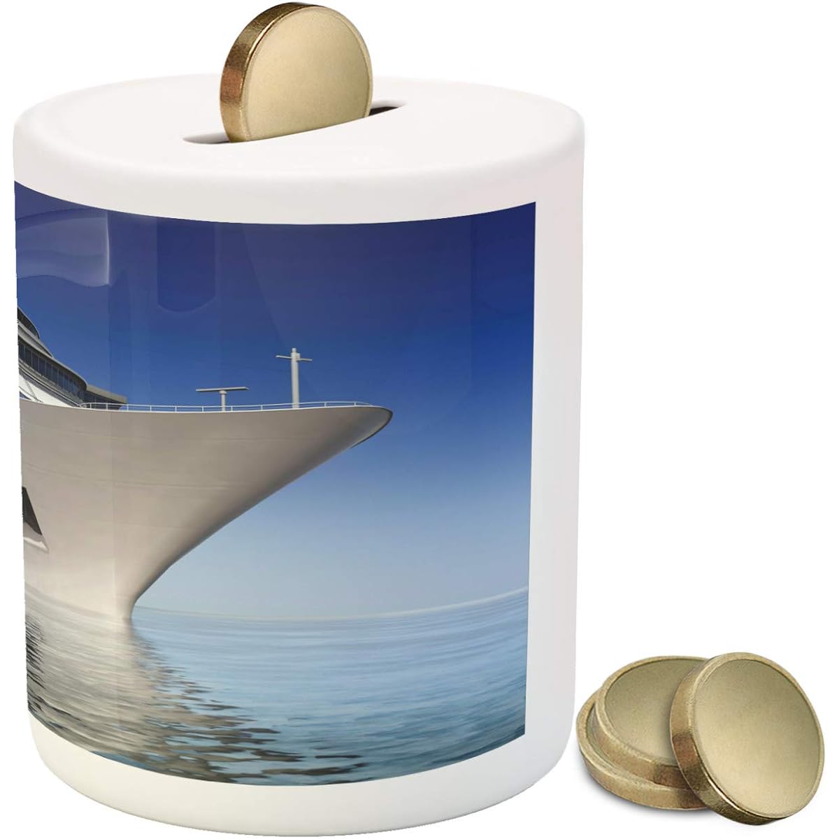 Ambesonne Cruise Ship Piggy Bank White Cruise Ship Calm Sea and Blue Sky Ceramic Piggy Bank for Cash Saving 3.6" x 3.2" Blue & White