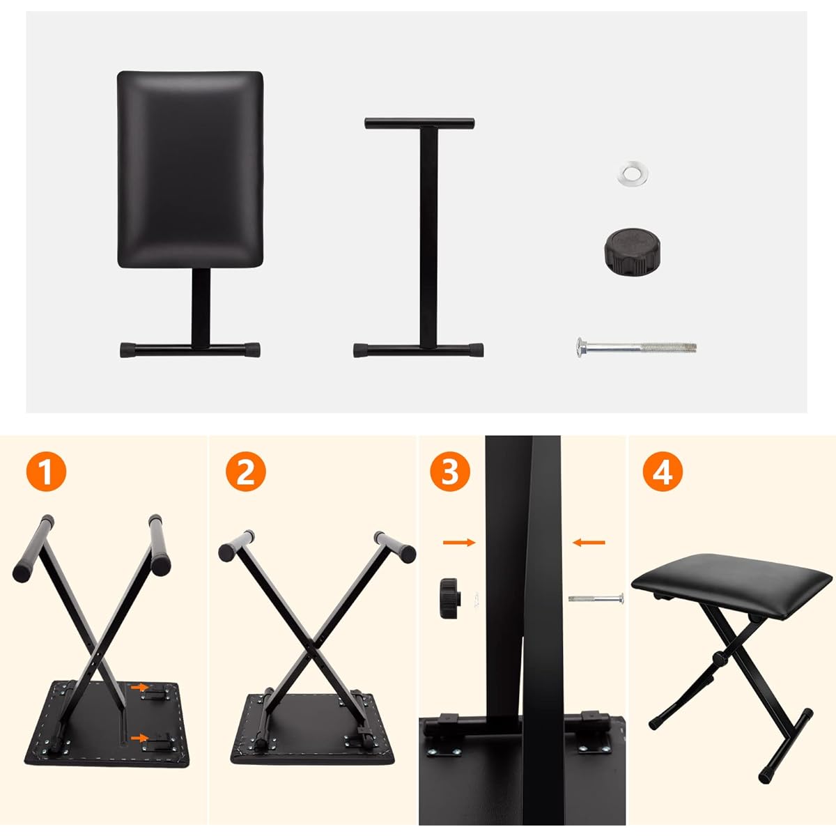 LETSROCK Piano Bench Keyboard Bench X Style Padded Adjustable Portable Stool Folding Chair Foldable Seat Waterproof Anti-Slip Black