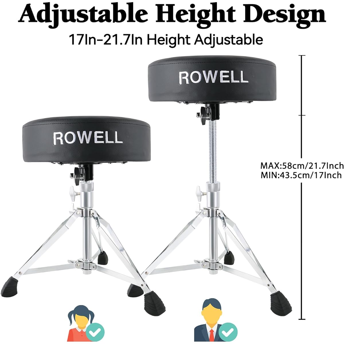 ROWELL Drum Throne Height Adjustable Drum Throne Seat Drum Stool Thick Padded Double Support Anti-Slip Drum Seat Suitable for Adults and Drummers with Drum Sticks and Drum Key (Black)
