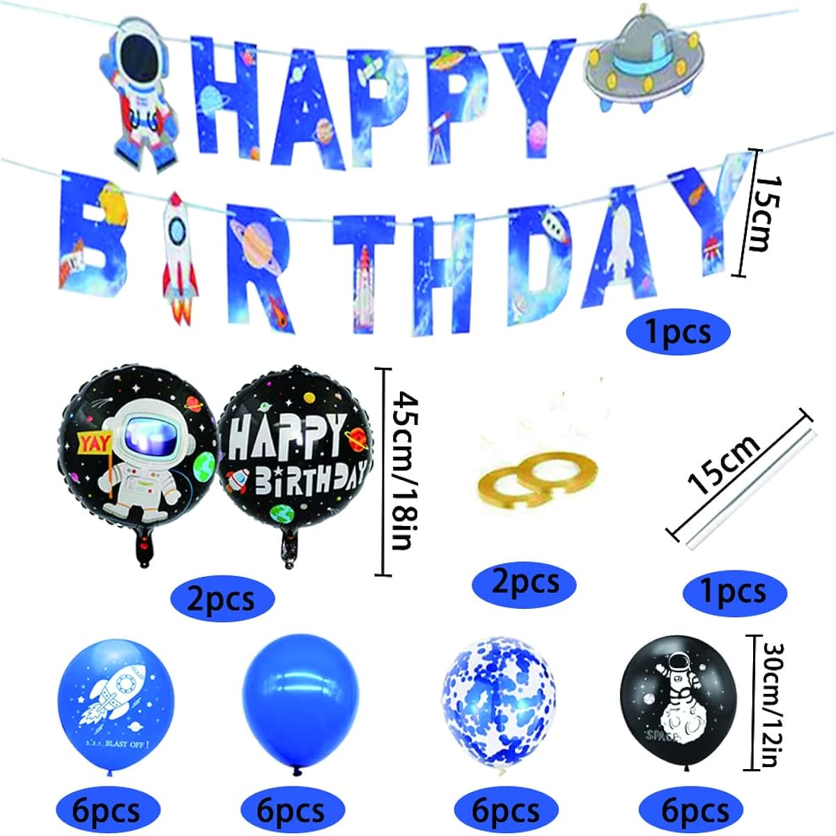 Astronaut Themed Party Balloons Decoration Supplies Birthday party supplies include astronaut rocket aluminum film balloons, birthday banner, blue black latex confetti balloons