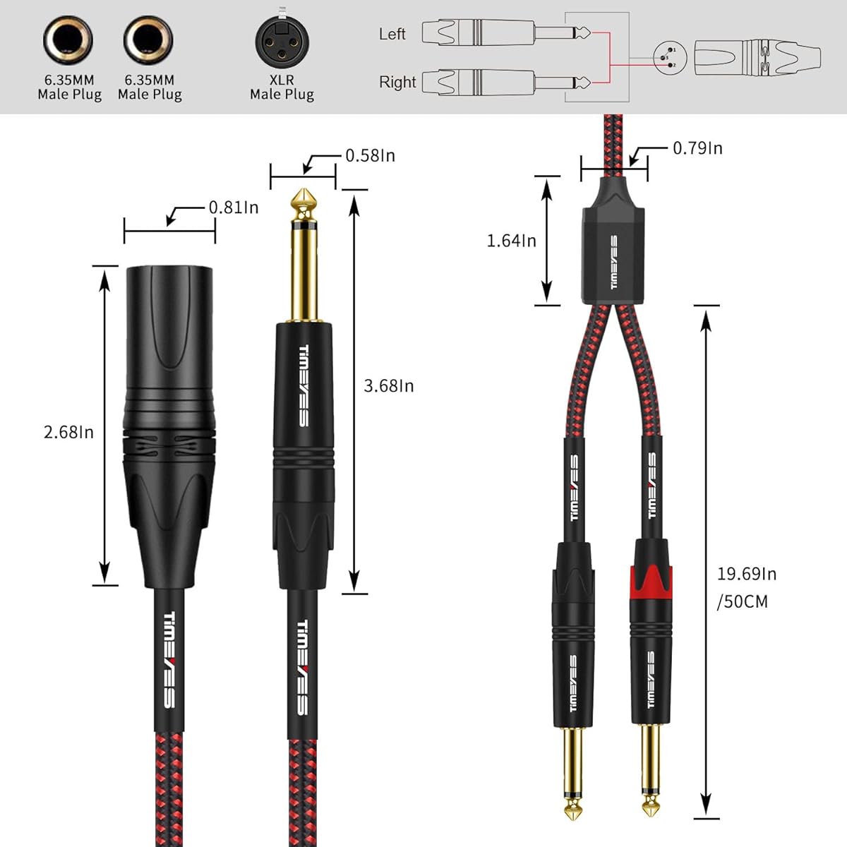 TIMEYES 3ft XLR to 6.35mm Cable - Dual 1/4" Male to XLR 3 Pin Male Plug Mic Cable - XLR to Dual 6.35mm TS Y Splitter Adapter Cord - Double 1/4" TS to XLR Unbalanced Mic Cable - 1M